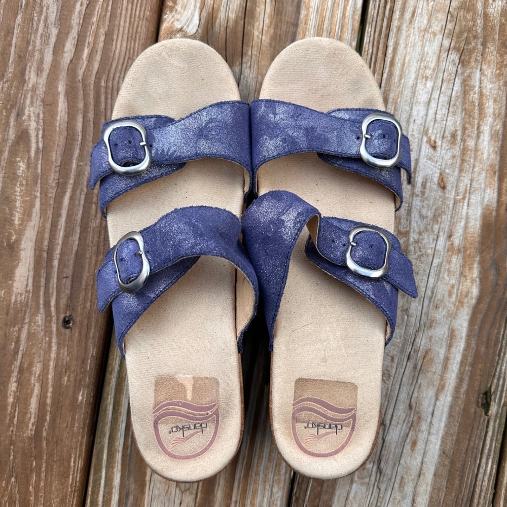 Dansko Blue Metallic Buckle Wedge Sandals Size 41